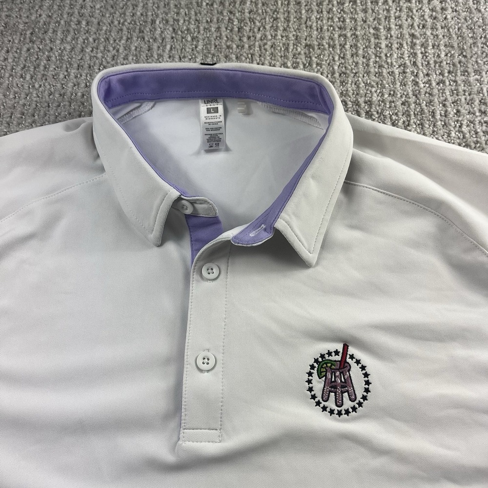 UNRL Men's L Performance Golf Polo Barstool Sports Pink Whitney Logo White
